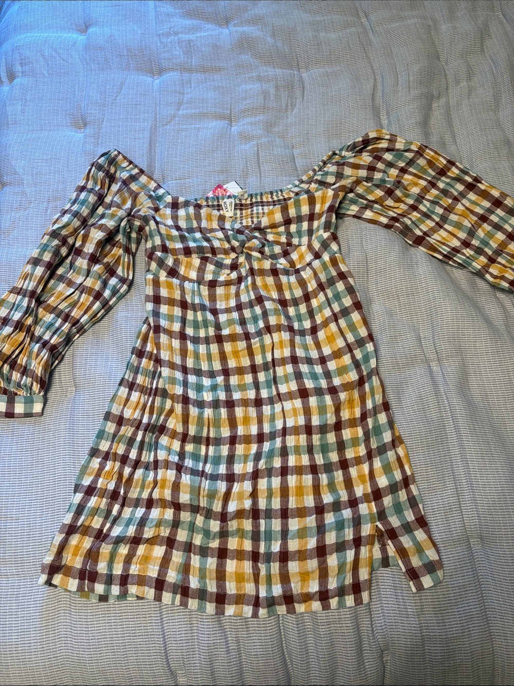 Roxy Plaid Off-Shoulder Smocked Mini Dress in Mustard, Brown, Teal